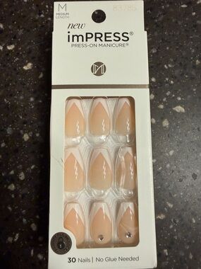 imPRESS Nude Beige Almond Press-On Nails with White Tips